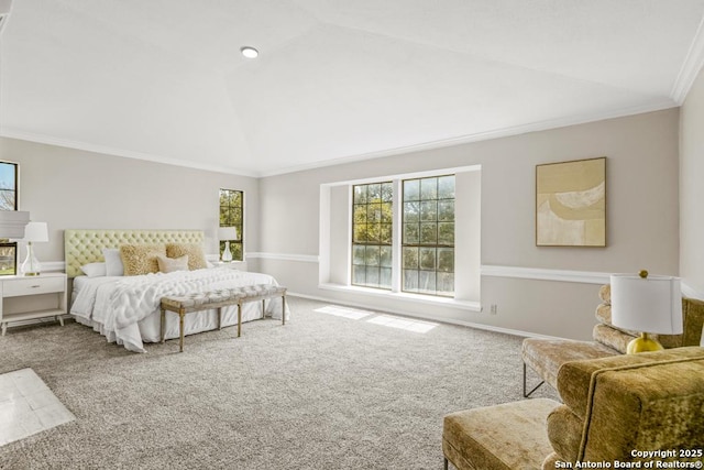 bedroom featuring vaulted ceiling, carpet, baseboards, and ornamental molding