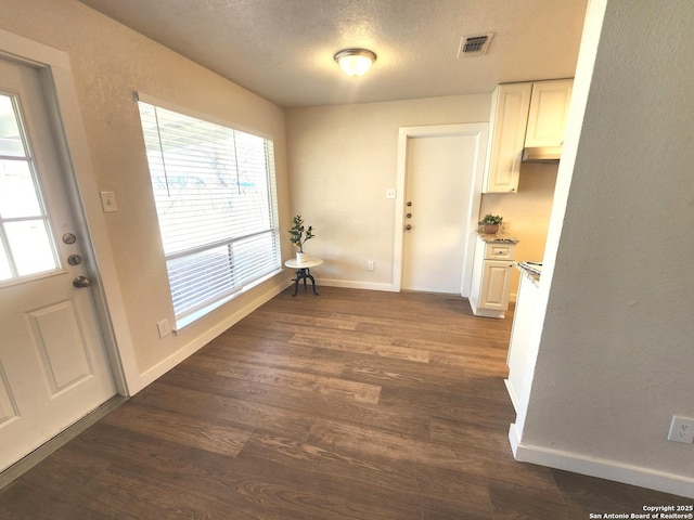 interior space featuring visible vents, baseboards, a textured ceiling, and dark wood finished floors