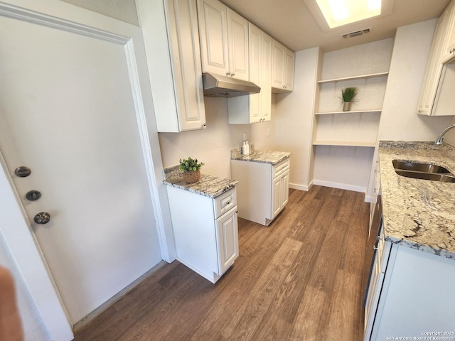 kitchen featuring wood finished floors, light stone countertops, visible vents, a sink, and under cabinet range hood