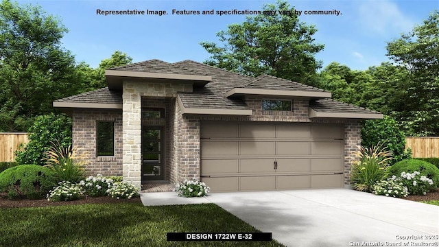 view of front of property with concrete driveway, fence, and brick siding