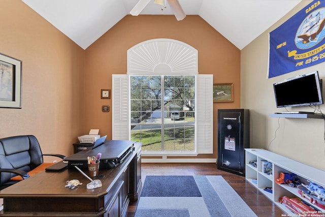 office featuring dark wood finished floors, a ceiling fan, and vaulted ceiling