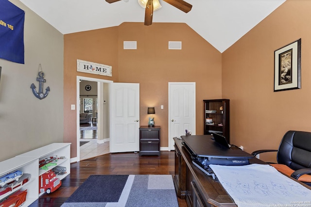 office featuring visible vents, baseboards, wood finished floors, and a ceiling fan