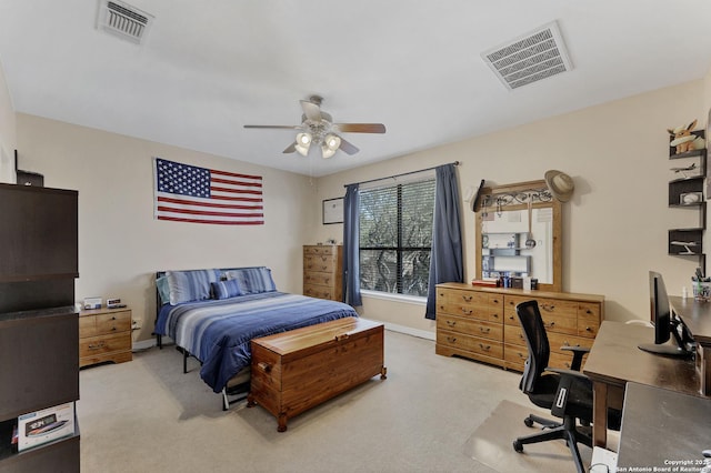 bedroom featuring visible vents, carpet flooring, baseboards, and ceiling fan