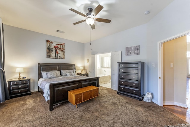 bedroom featuring visible vents, baseboards, connected bathroom, and a ceiling fan