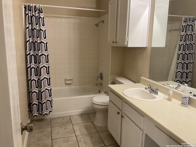 bathroom featuring tile patterned flooring, vanity, toilet, and shower / bathtub combination with curtain