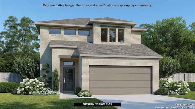 view of front facade featuring fence, roof with shingles, concrete driveway, a garage, and brick siding