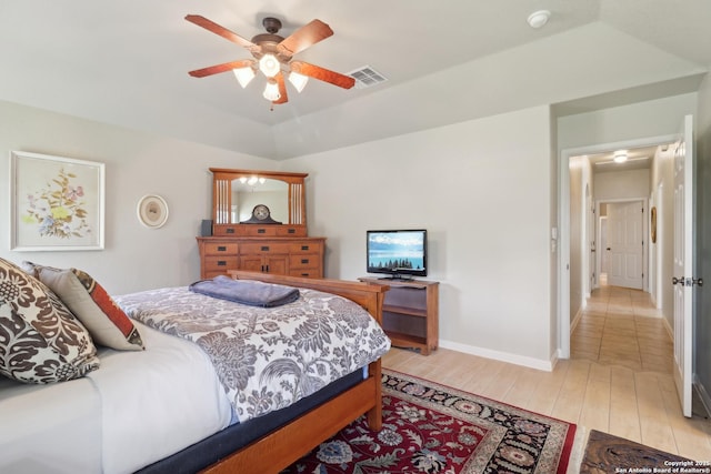 bedroom with visible vents, a ceiling fan, light wood-type flooring, and baseboards