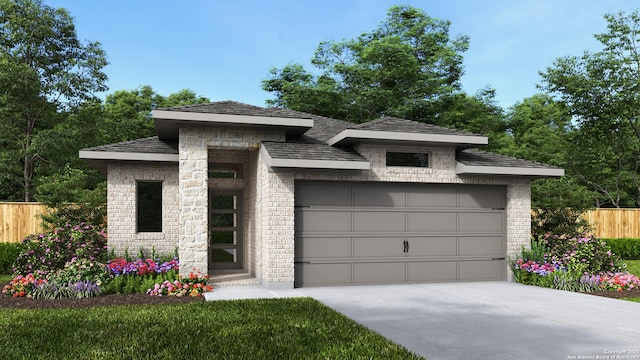 prairie-style house with an attached garage, fence, brick siding, and driveway