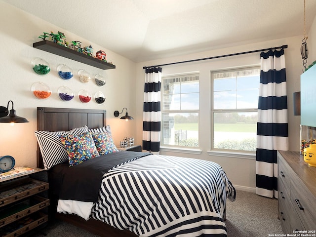 bedroom featuring baseboards, multiple windows, a textured ceiling, and carpet flooring