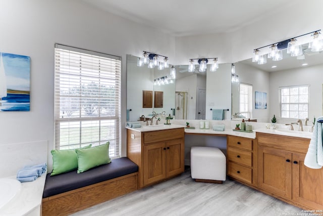 full bathroom with a shower with shower door, wood finished floors, two vanities, and a sink