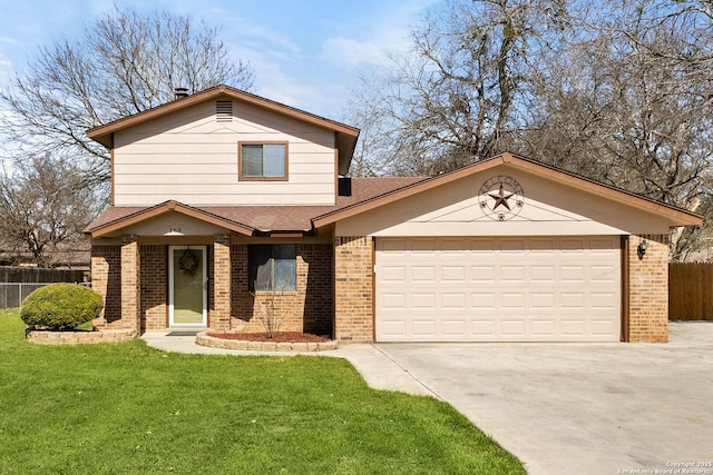 view of front of home featuring brick siding, concrete driveway, a front lawn, and fence