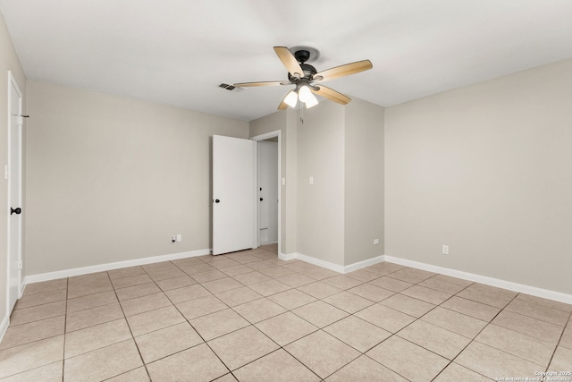 unfurnished room featuring visible vents, baseboards, and ceiling fan