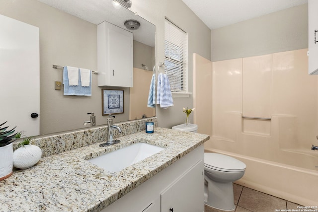 bathroom featuring tile patterned flooring, shower / bathing tub combination, toilet, and vanity