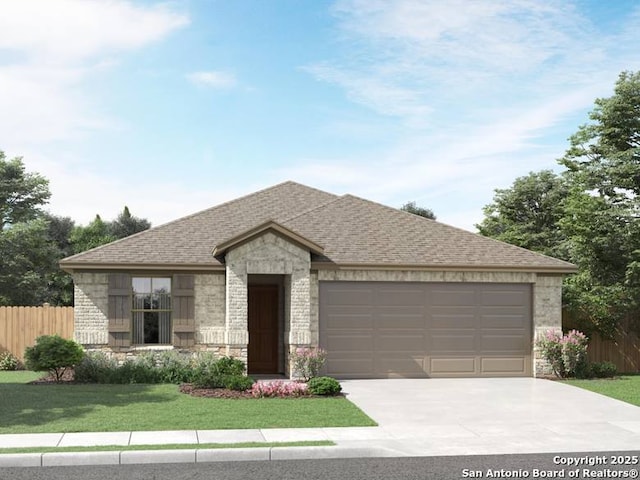 view of front of property with a shingled roof, concrete driveway, an attached garage, and fence