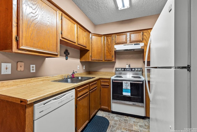 kitchen with under cabinet range hood, white appliances, brown cabinetry, and a sink