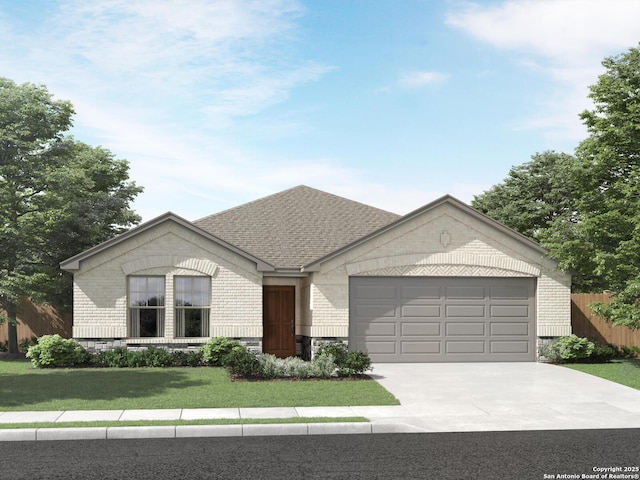 ranch-style home with brick siding, fence, concrete driveway, a front yard, and a garage