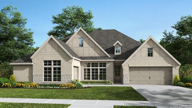 1412 Specie Crk, San Antonio, TX 78260 - view of front of house featuring a front lawn, concrete driveway, roof with shingles, stone siding, and an attached garage