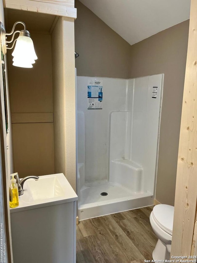 full bathroom with vanity, a shower stall, toilet, and wood finished floors