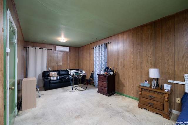 home office with a wall mounted air conditioner, carpet floors, and wooden walls