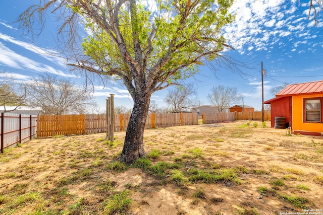 view of yard featuring central AC and a fenced backyard