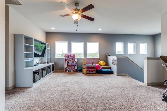 playroom with recessed lighting, baseboards, and carpet flooring