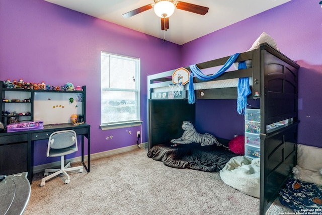 bedroom featuring carpet flooring, ceiling fan, and baseboards