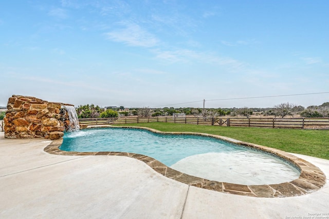 view of swimming pool featuring a fenced in pool, a lawn, a fenced backyard, and a patio area