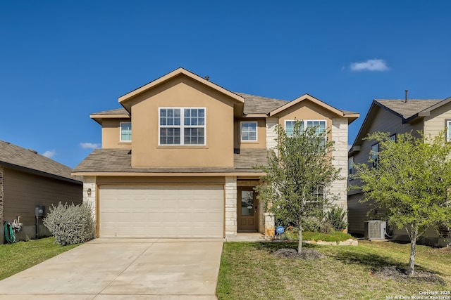 traditional-style house featuring an attached garage, stucco siding, concrete driveway, a front lawn, and stone siding