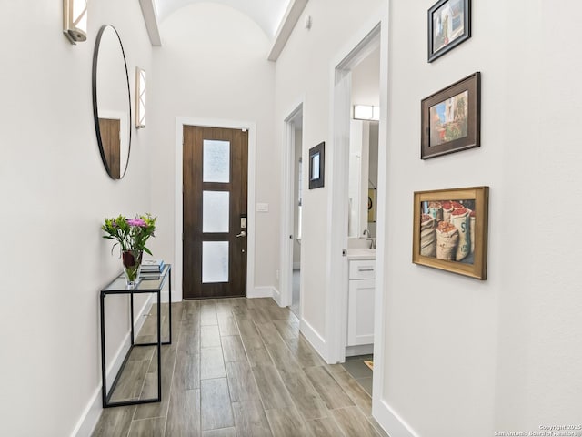 foyer featuring baseboards and light wood-style flooring