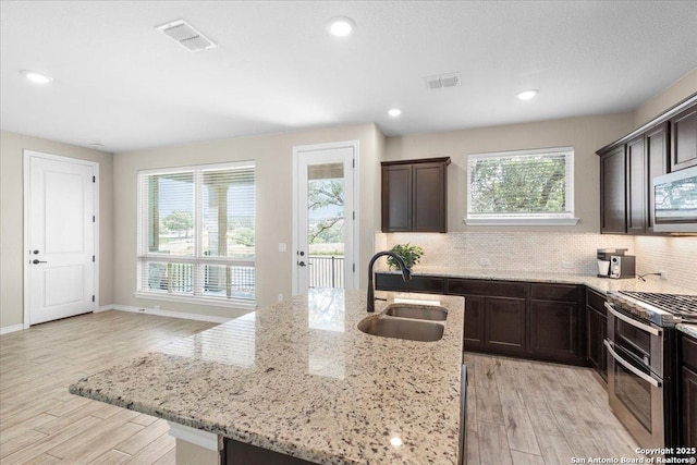 kitchen featuring backsplash, light wood-type flooring, appliances with stainless steel finishes, and a sink