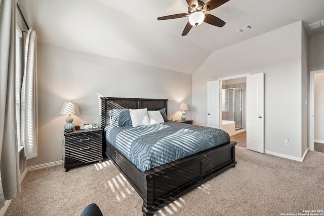 carpeted bedroom featuring lofted ceiling, multiple windows, baseboards, and visible vents