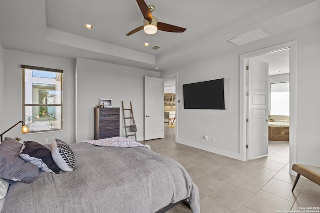 bedroom with light tile patterned floors, visible vents, recessed lighting, and baseboards