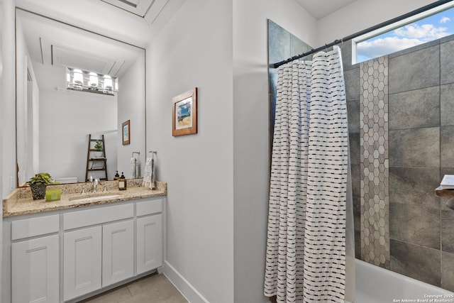 full bathroom with vanity, tile patterned flooring, baseboards, and shower / tub combo with curtain