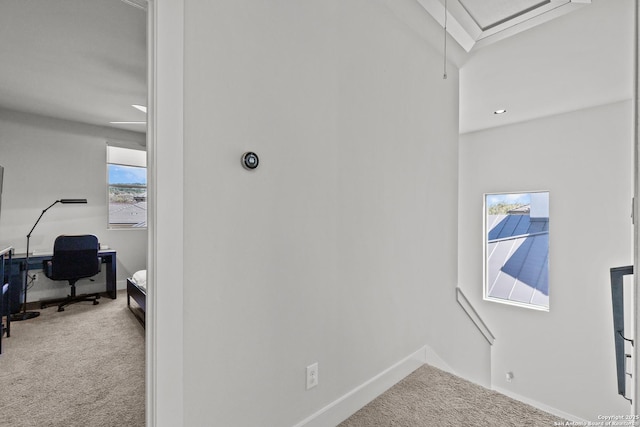 interior space featuring attic access, carpet flooring, and baseboards