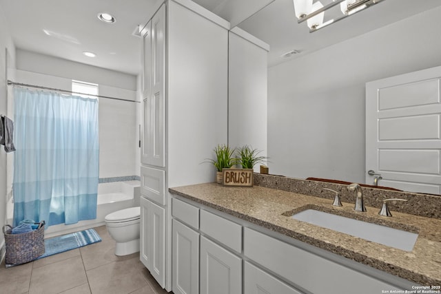 bathroom with shower / bathtub combination with curtain, toilet, recessed lighting, tile patterned flooring, and vanity