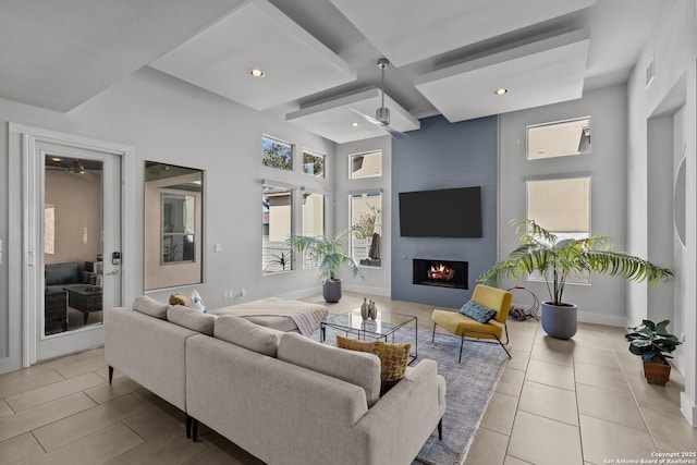 tiled living area featuring visible vents, recessed lighting, a large fireplace, baseboards, and ceiling fan