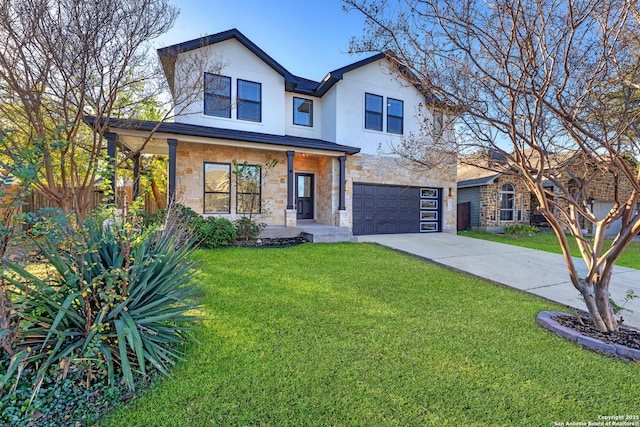 modern inspired farmhouse featuring fence, concrete driveway, a front yard, stone siding, and an attached garage