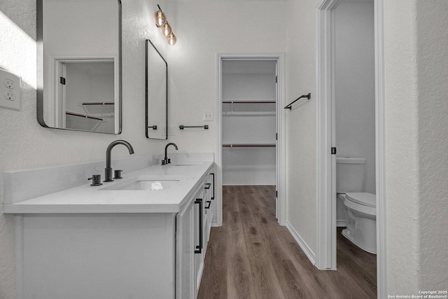 full bathroom featuring a spacious closet, toilet, wood finished floors, and a sink