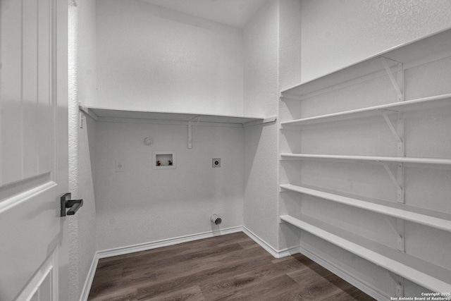 laundry room with dark wood-style floors, baseboards, hookup for an electric dryer, laundry area, and washer hookup