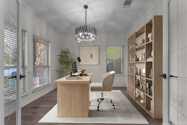 office space with dark wood-style floors, visible vents, crown molding, and a notable chandelier