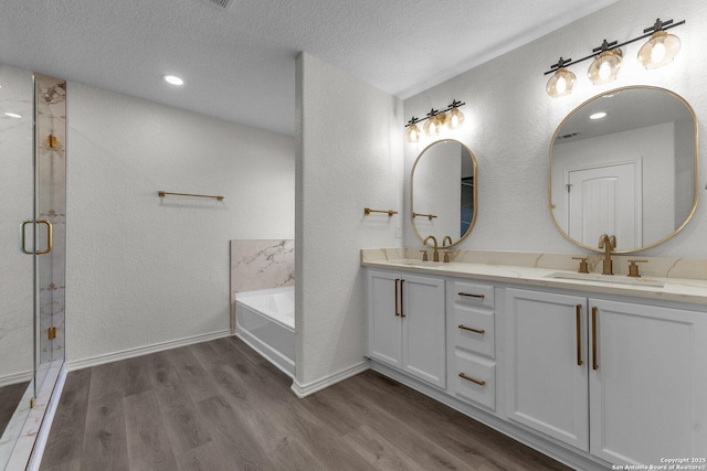 bathroom with a sink, a shower stall, wood finished floors, and double vanity