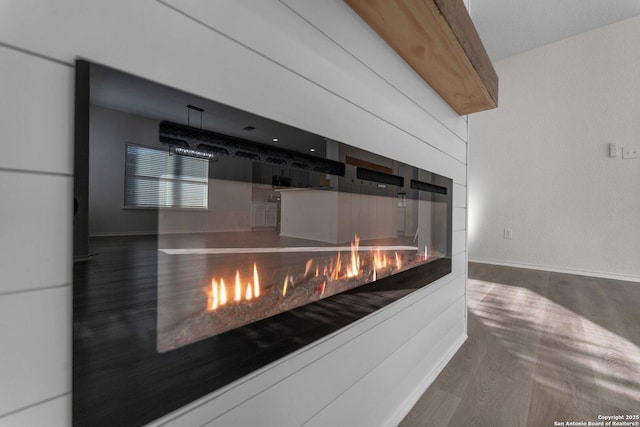 room details featuring a glass covered fireplace, baseboards, and wood finished floors