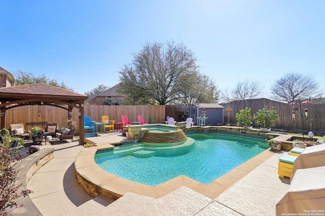 view of pool featuring a fenced backyard, a gazebo, a fenced in pool, an in ground hot tub, and a patio area