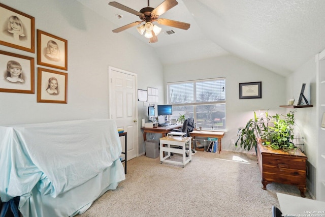 bedroom with visible vents, lofted ceiling, carpet floors, and ceiling fan