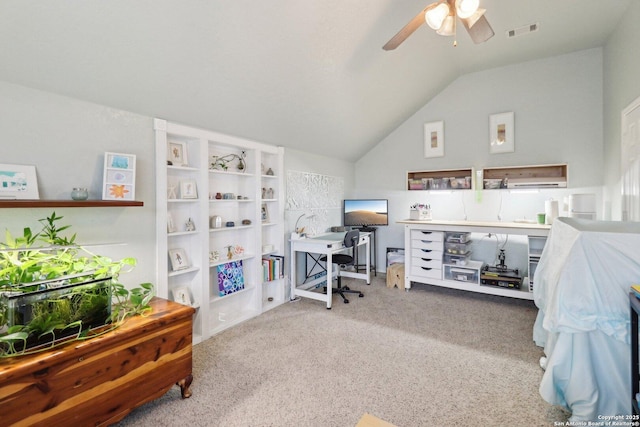 office with visible vents, carpet flooring, a ceiling fan, and lofted ceiling