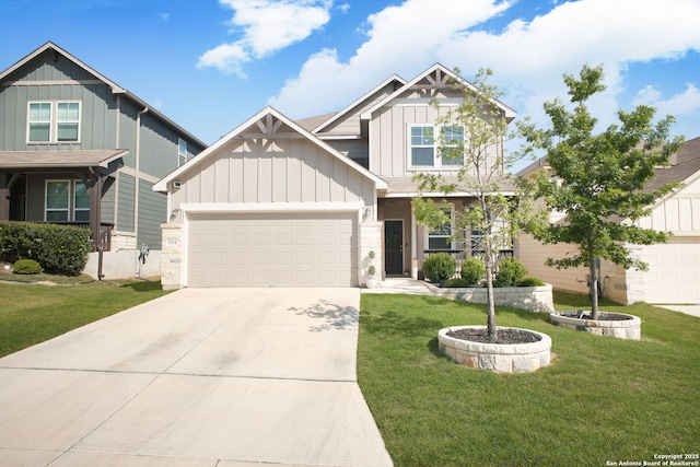 7611 Ponderosa Pne, Boerne, TX 78015 - craftsman house featuring concrete driveway, a front yard, board and batten siding, and a garage