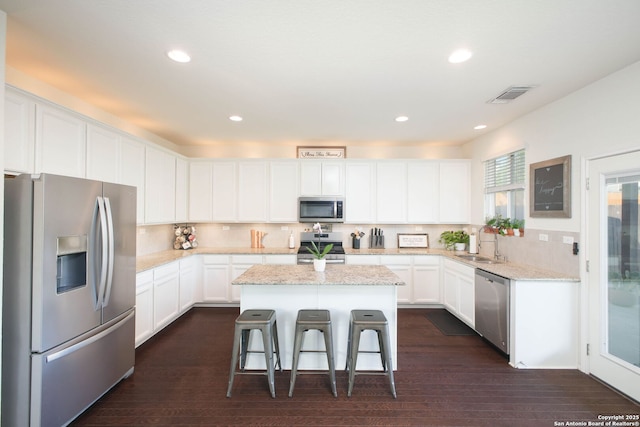 7611 Ponderosa Pne, Boerne, TX 78015 - kitchen featuring a sink, visible vents, white cabinetry, a kitchen island, and appliances with stainless steel finishes