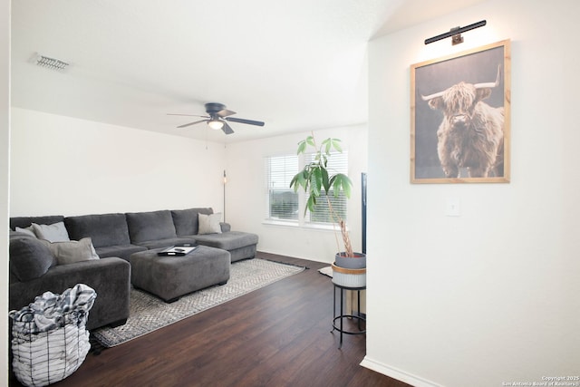 7611 Ponderosa Pne, Boerne, TX 78015 - living room featuring dark wood finished floors, visible vents, a ceiling fan, and baseboards