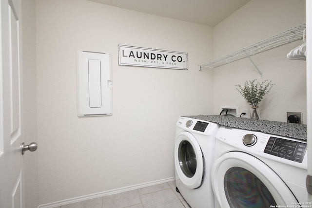 7611 Ponderosa Pne, Boerne, TX 78015 - washroom with laundry area, light tile patterned floors, washing machine and dryer, electric panel, and baseboards