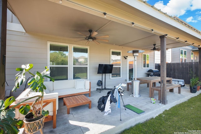 7611 Ponderosa Pne, Boerne, TX 78015 - view of patio / terrace with fence, ceiling fan, area for grilling, and an outdoor living space